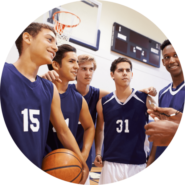 Basketball players gathering around